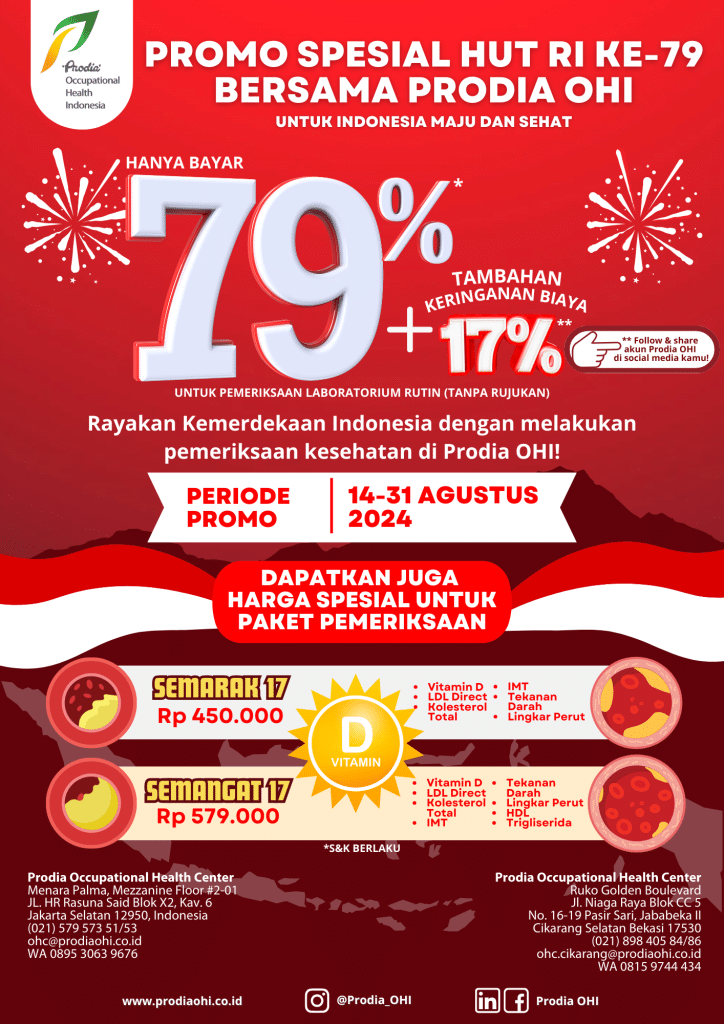 MERDEKA! Dalam rangka menyambut Hari Ulang Tahun Republik Indonesia ke-79, mari turut serta berkontribusi bagi Indonesia yang lebih maju dan sehat! Anda dapat melakukan skrining kesehatan secara berkala sebagai upaya menjaga kesehatan dan mencegah terjadinya keterparahan penyakit. Manfaatkan promo menarik dari kami: hanya bayar 79% serta tambahan keringanan biaya 17%* untuk seluruh pemeriksaan laboratorium rutin (tanpa rujukan). Dapatkan juga harga spesial untuk Paket Pemeriksaan: * SEMARAK 17 (Vitamin D, LDL Direct, Kolesterol Total, IMT, Tekanan Darah, Lingkar Perut) Rp 450.000 * SEMANGAT 17 (Vitamin D, LDL Direct, Kolesterol Total, IMT, Tekanan Darah, Lingkar Perut, HDL, Trigliserida) Rp 579.000