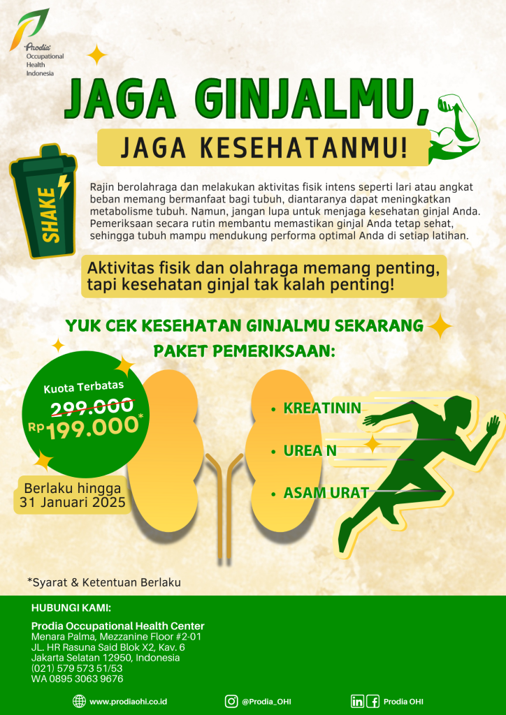 Ayo cek kesehatan ginjalmu sekarang dengan paket pemeriksaan Kreatinin, Urea N, dan Asam Urat hanya bayar Rp 199.000*. Promo terbatas untuk 150 orang pertama dan berlaku hingga 31 Januari 2025 hanya di Prodia OHC Jakarta. Jangan sampai kelewatan!