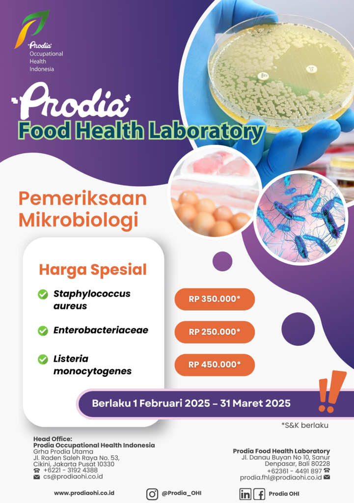 Harga spesial per parameter uji untuk mikroba patogen Staphylococcus aureus Rp 350.000*, Enterobacteriaceae Rp 250.000*, dan Listeria monocytogenes Rp 450.000