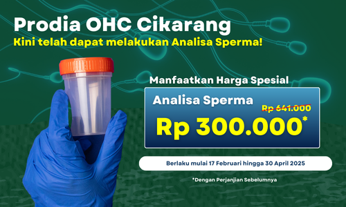 Prodia OHC Cikarang kini telah dapat melakukan Analisa Sperma! Manfaatkan harga spesial Analisa Sperma Rp 300.000* berlaku mulai 12 Desember 2024 hingga 31 Januari 2025 hanya di Prodia OHC Cikarang.