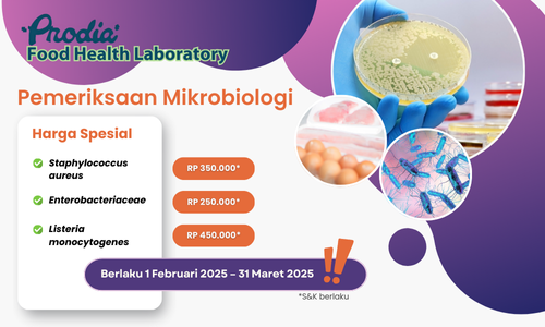 Harga spesial per parameter uji untuk mikroba patogen Staphylococcus aureus Rp 350.000*, Enterobacteriaceae Rp 250.000*, dan Listeria monocytogenes Rp 450.000
