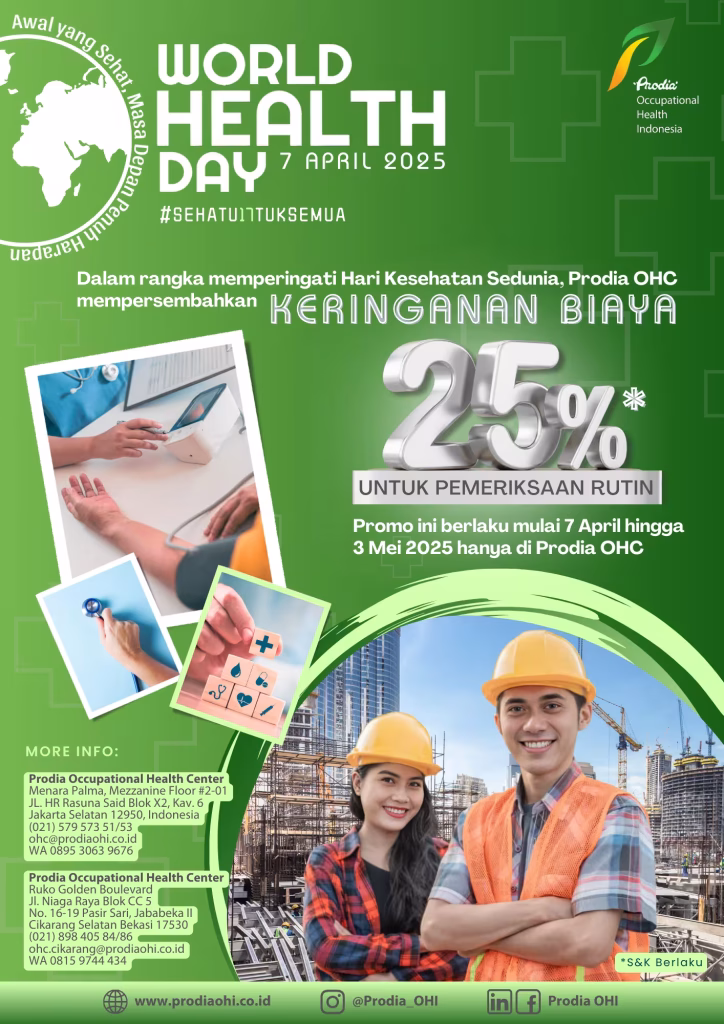 Menyambut Hari kesehatan Sedunia Dapatkan keringanan biaya MCU sebesar 25%* untuk pemeriksaan rutin. Promo ini berlaku mulai 7 April hingga 3 Mei 2025 hanya di Prodia OHC