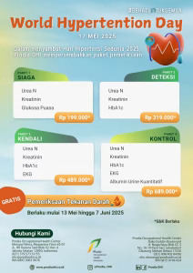 Dapatkan paket pemeriksaan hipertensi, gratis pemeriksaan tekanan darah, dan keringanan biaya 25% untuk pemeriksaan rutin khusus Hari Hipertensi Sedunia 2025 hanya di Prodia OHC!