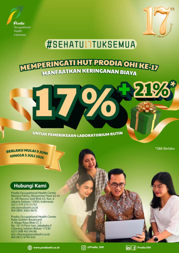 Memperingati HUT Prodia OHI yang ke-17, kami menghadirkan keringanan biaya Medical Check-Up sebesar 17% + 21%* yang berlaku mulai 9 Juni hingga 5 Juli 2025 hanya di Prodia OHC.