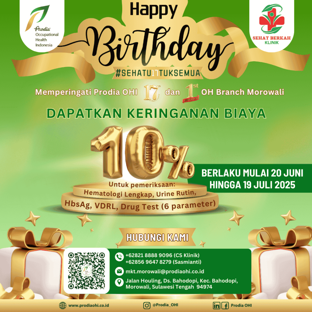 Dapatkan keringanan biaya sebesar 10%* untuk pemeriksaan Hematologi Lengkap, Urine Rutin, HBsAg, VDRL, dan Drug Test (6 parameter) hanya di OH Branch Morowali (Klinik Sehat Berkah)