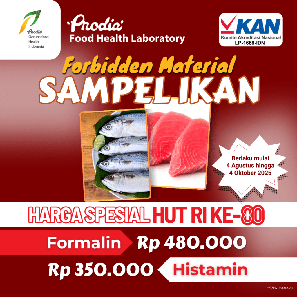 Menyambut HUT RI ke-80, Prodia FHL menghadirkan harga spesial uji makanan untuk forbidden material pada sampel ikan: Formalin Rp 480.000 dan Histamin Rp 350.000. Promo berlaku mulai 4 Agustus hingga 4 Oktober 2025.