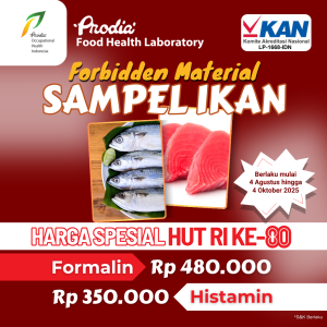 Menyambut HUT RI ke-80, Prodia FHL menghadirkan harga spesial uji makanan untuk forbidden material pada sampel ikan: Formalin Rp 480.000 dan Histamin Rp 350.000. Promo berlaku mulai 4 Agustus hingga 4 Oktober 2025.