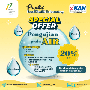 Prodia FHL menyediakan Special Offer sebesar 20% off untuk pengujian air minum dan air bersih untuk uji Mikrobiologi (E. coli, Coliform), uji Fisika (Warna, bau, dan kekeruhan; Total Dissolve Solid (TDS); Suhu & pH), dan uji Kimia (Nitrit, Nitrat, Fluorida) berlaku mulai 4 Agustus hingga 4 Oktober 2025.