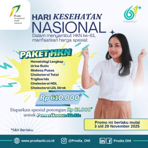 Paket HKN hanya dengan Rp 610.000, mencakup pemeriksaan : - Hematologi LengkapUrine Rutin - Glukosa Puasa - Cholesterol Total - Trigliserida - Cholesterol HDL - Cholesterol LDL Direk Juga dapatkan spesial potongan Rp 61.000 untuk pemeriksaan HbA1c hanya di Prodia OHC Jakarta & Jababeka, Cikarang