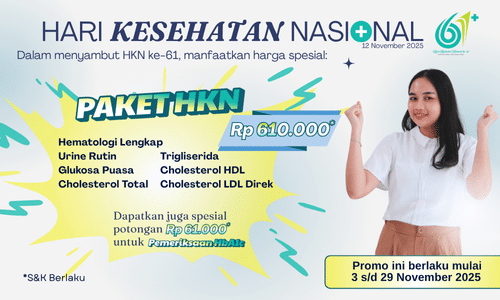 Paket HKN hanya dengan Rp 610.000, mencakup pemeriksaan : - Hematologi LengkapUrine Rutin - Glukosa Puasa - Cholesterol Total - Trigliserida - Cholesterol HDL - Cholesterol LDL Direk Juga dapatkan spesial potongan Rp 61.000 untuk pemeriksaan HbA1c hanya di Prodia OHC Jakarta & Jababeka, Cikarang