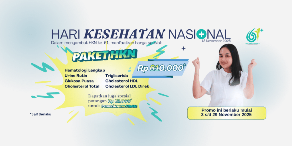 Paket HKN hanya dengan Rp 610.000, mencakup pemeriksaan : - Hematologi LengkapUrine Rutin - Glukosa Puasa - Cholesterol Total - Trigliserida - Cholesterol HDL - Cholesterol LDL Direk Juga dapatkan spesial potongan Rp 61.000 untuk pemeriksaan HbA1c hanya di Prodia OHC Jakarta & Jababeka, Cikarang